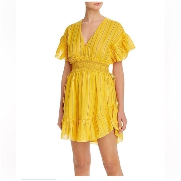 Saylor Adrianne Shift Mini Dress Yellow Cotton Blend Metallic Stripe - Picture 1 of 16